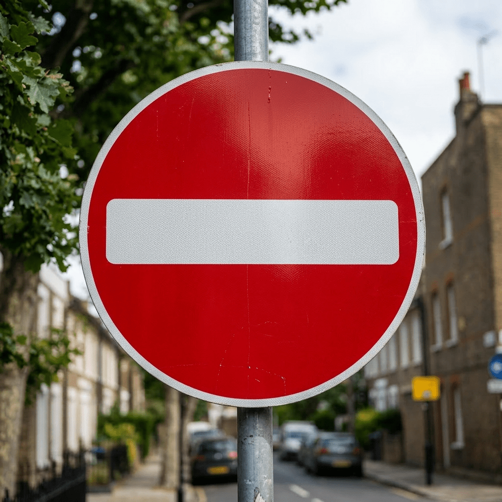 Red no-entry traffic sign on a pole at street corner